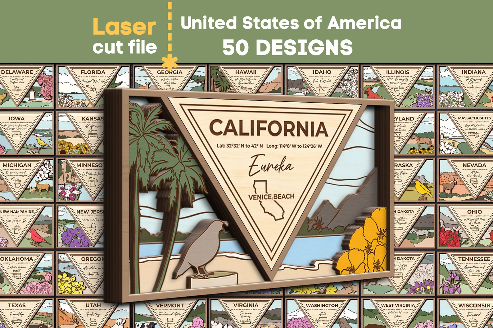 50 American states Bundle SVG. Laser cut file for Glowforge. Layered cnc project USA 50 States SVG Bundle for Laser Cutting | Layered State Signs | Glowforge Files | CNC Laser Cut Vector | Instant Download - Image 1