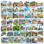50PCS Travel Stickers Pack, Vintage Aesthetic City Stickers, Watercolor Landmark Vinyl Stickers for Laptop, Water Bottle, Scrapbook Gift