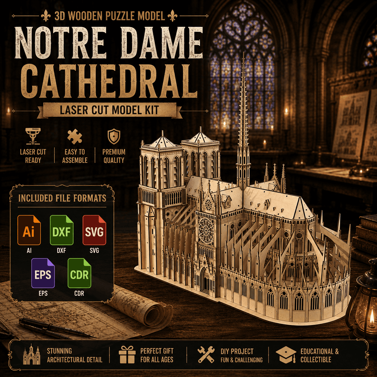 Laser Cut Notre-Dame de Paris | Wooden Cathedral Model Plans |Digital Download Laser Cut Notre-Dame de Paris | Wooden Cathedral Model Plans |Digital Download - Image 1