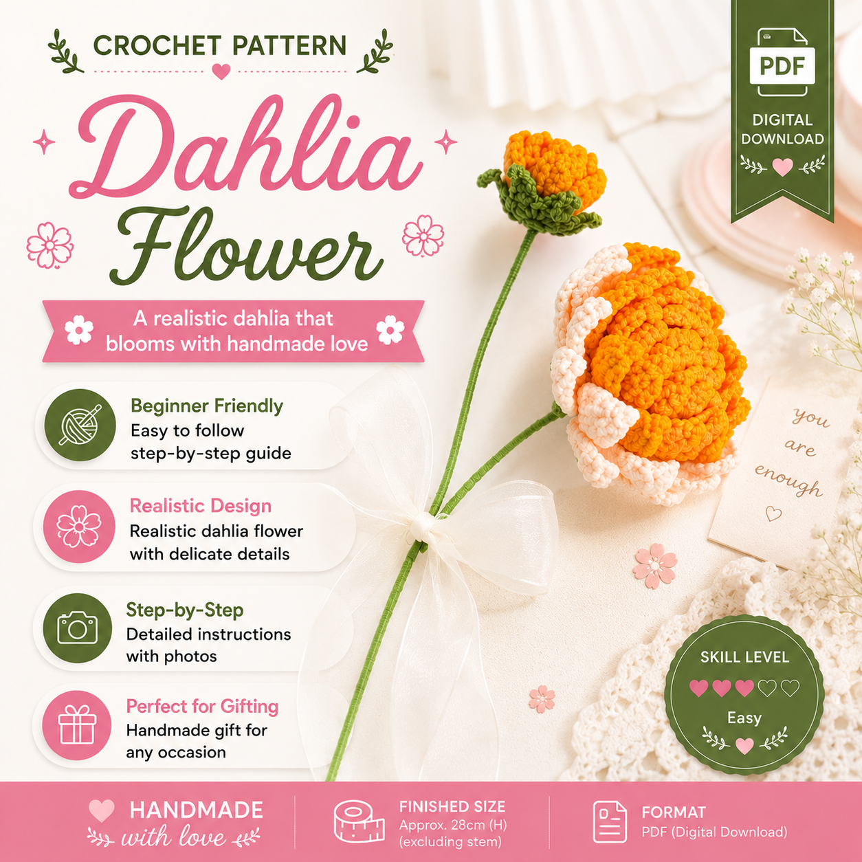 04d47e6d-1518-49ab-a9c3-ff6ccdb7b063 Dahlia Flower Crochet Pattern PDF, Realistic Crochet Flower, Floral Bouquet, Botanical Home Decor Gift - Image 1