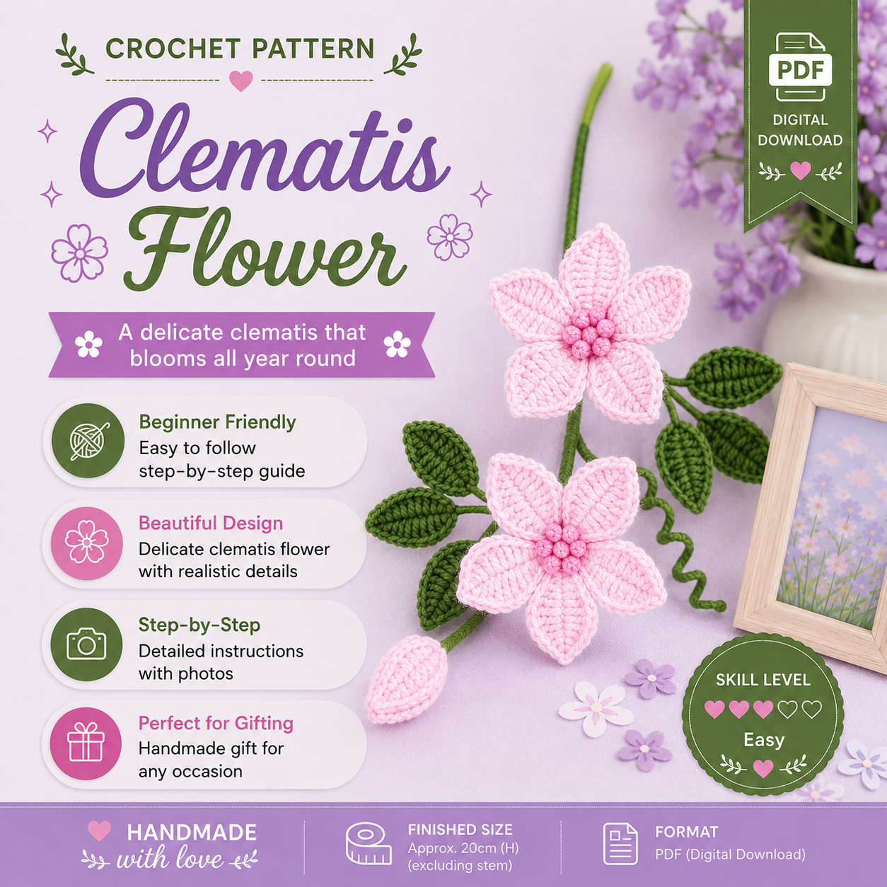 633018ac-01a3-4573-871b-5643f14735f3 Clematis Flower Crochet Pattern PDF, Crochet Flower Stem, Floral Home Decor, Botanical Amigurumi Gift - Image 1