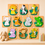 Safari Animal Wall Art Set, Jungle Nursery Decor, Wooden Animal Wall Hangings, Lion Zebra Giraffe Elephant Kids Room Decor